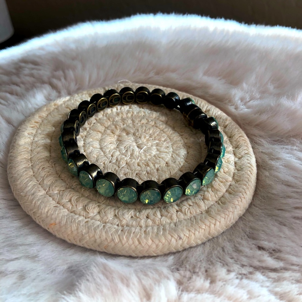 Green and antique gold (bronze’ish) magnetic closure bracelet